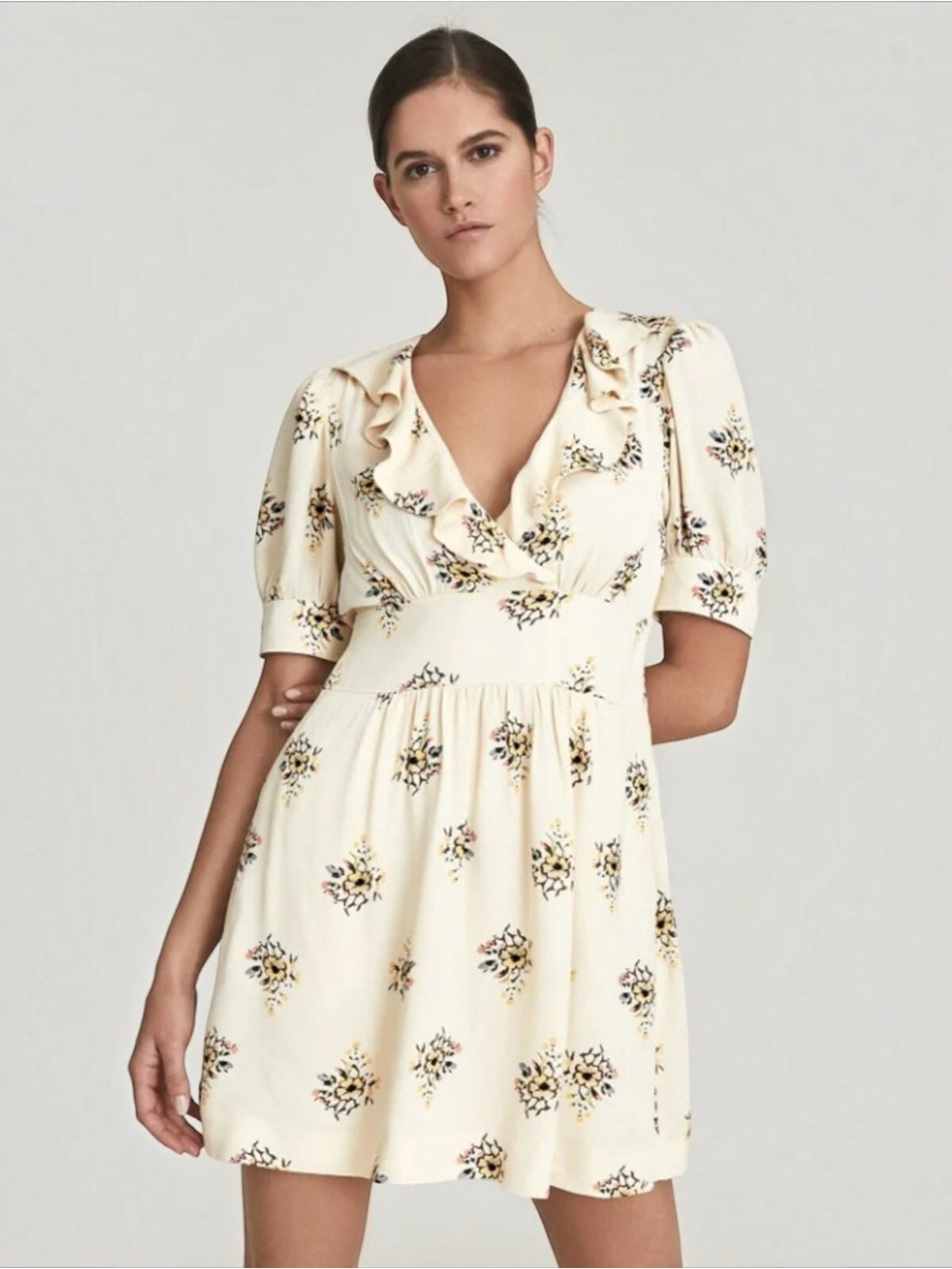 Chloe Cream Floral Boho Silk Mini Dress Sz Medium